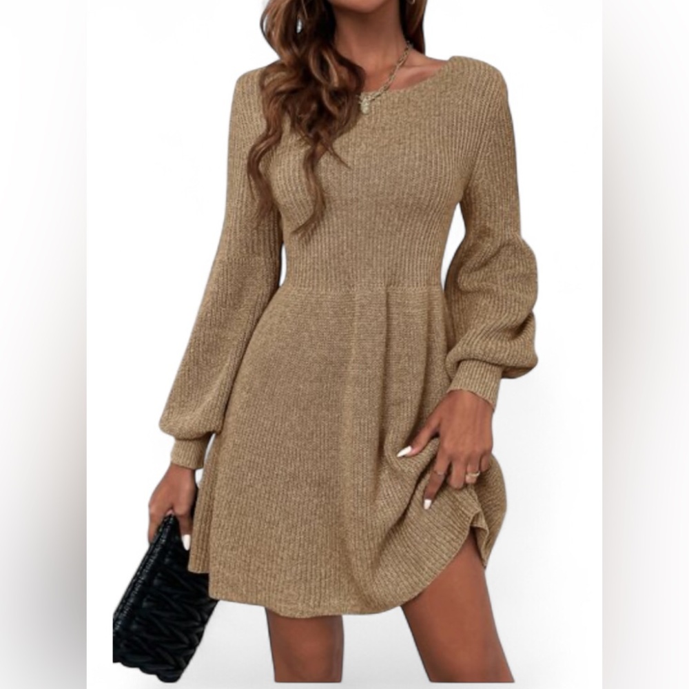 SHEIN Tan Long  Puff Sleeve Ribbed Knit Dress sz 0XL